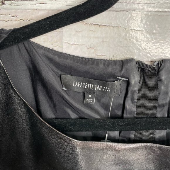 Lafayette 148 black dress midi size 8 virgin wool leather - Picture 8 of 10